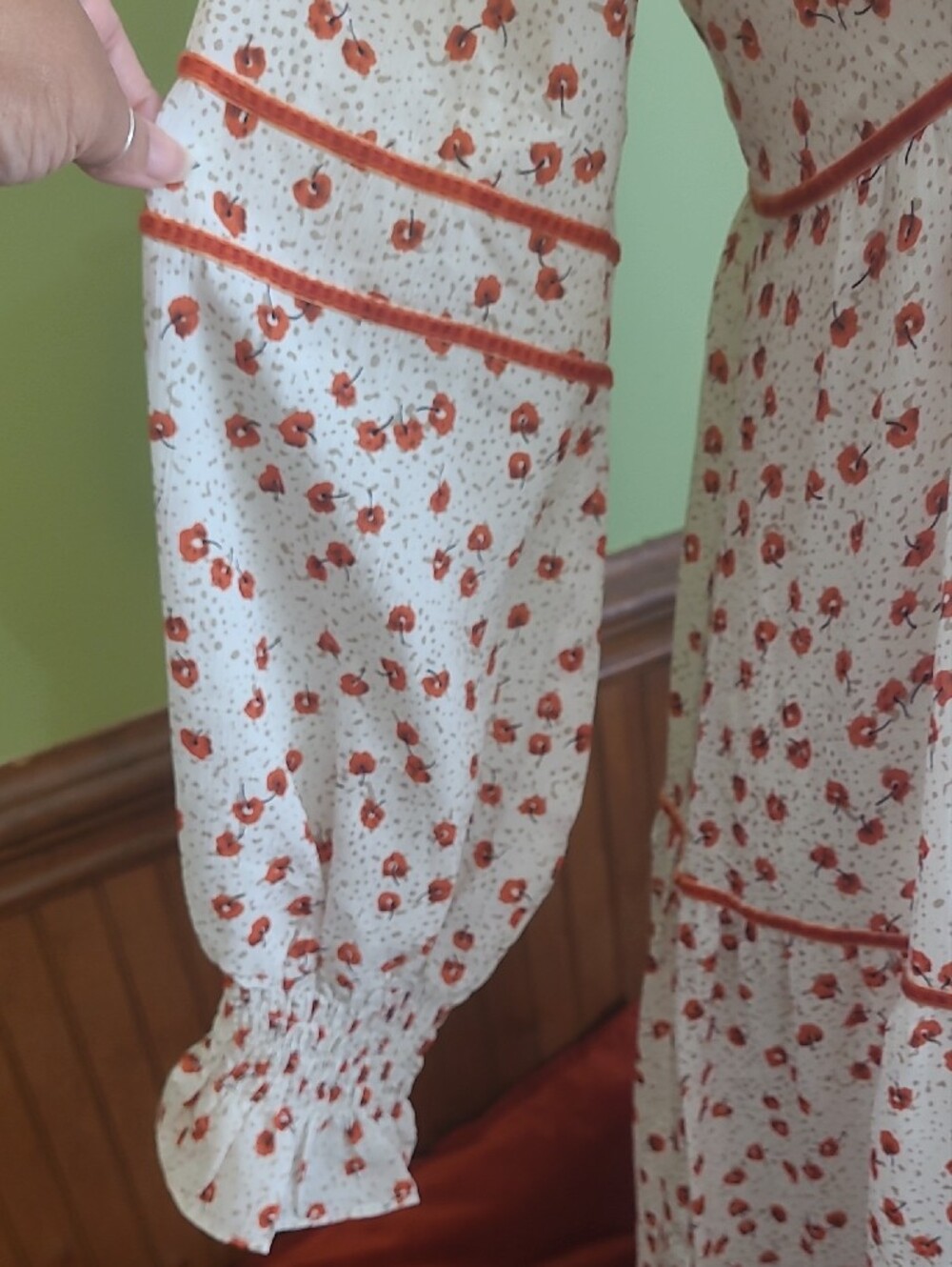 Nasty Gal Cream And Orange Floral Print Maxi Boho Dress With Velvet Piping NWT - Picture 7 of 10